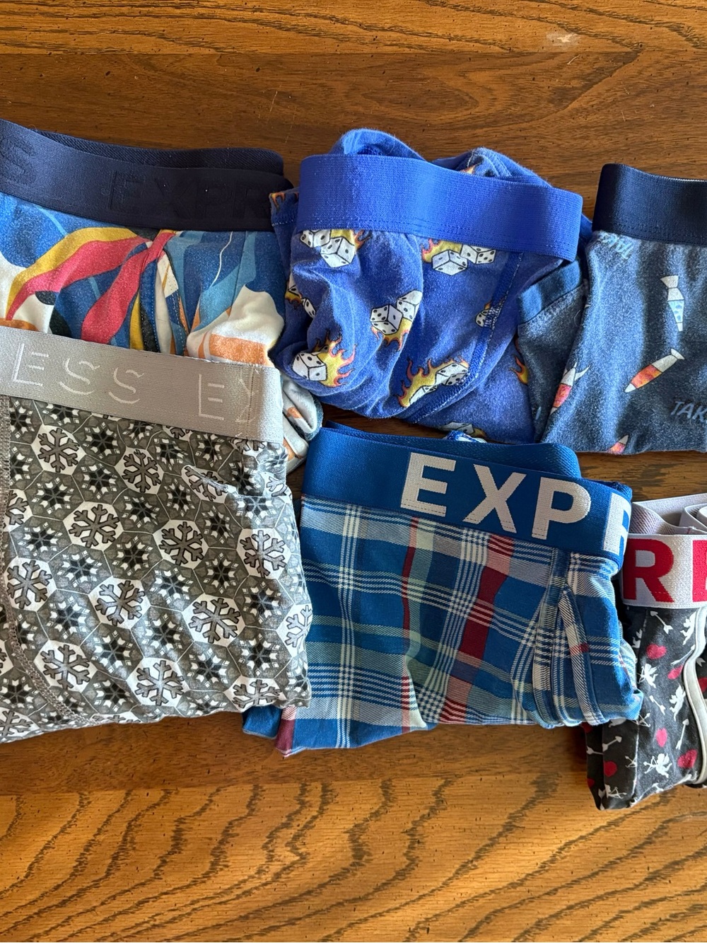 Express Men's Colorful Patterned Boxer Briefs with Branded Waistbands 6 total.